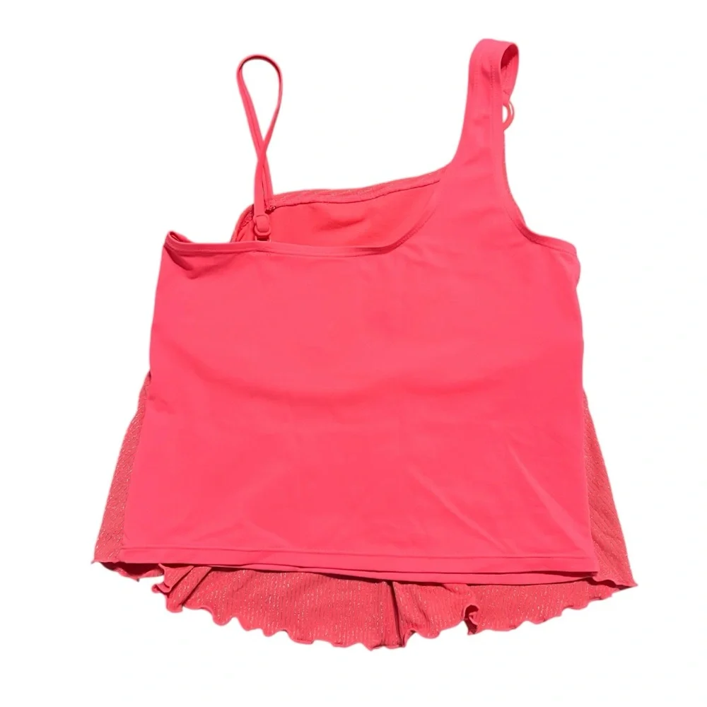 Justice 14Y Pink & Silver Metallic Striped Tankini One-Shoulder Swimsuit